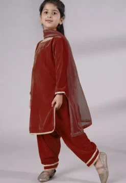 Lace Border Velvet Punjabi Suit in Maroon