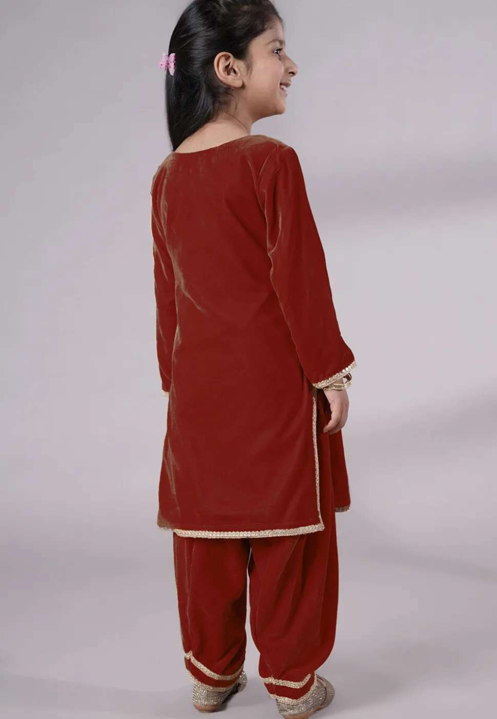 Lace Border Velvet Punjabi Suit in Maroon