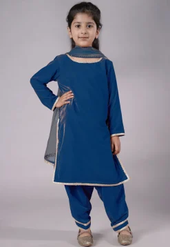 Lace Border Velvet Punjabi Suit in Teal Blue