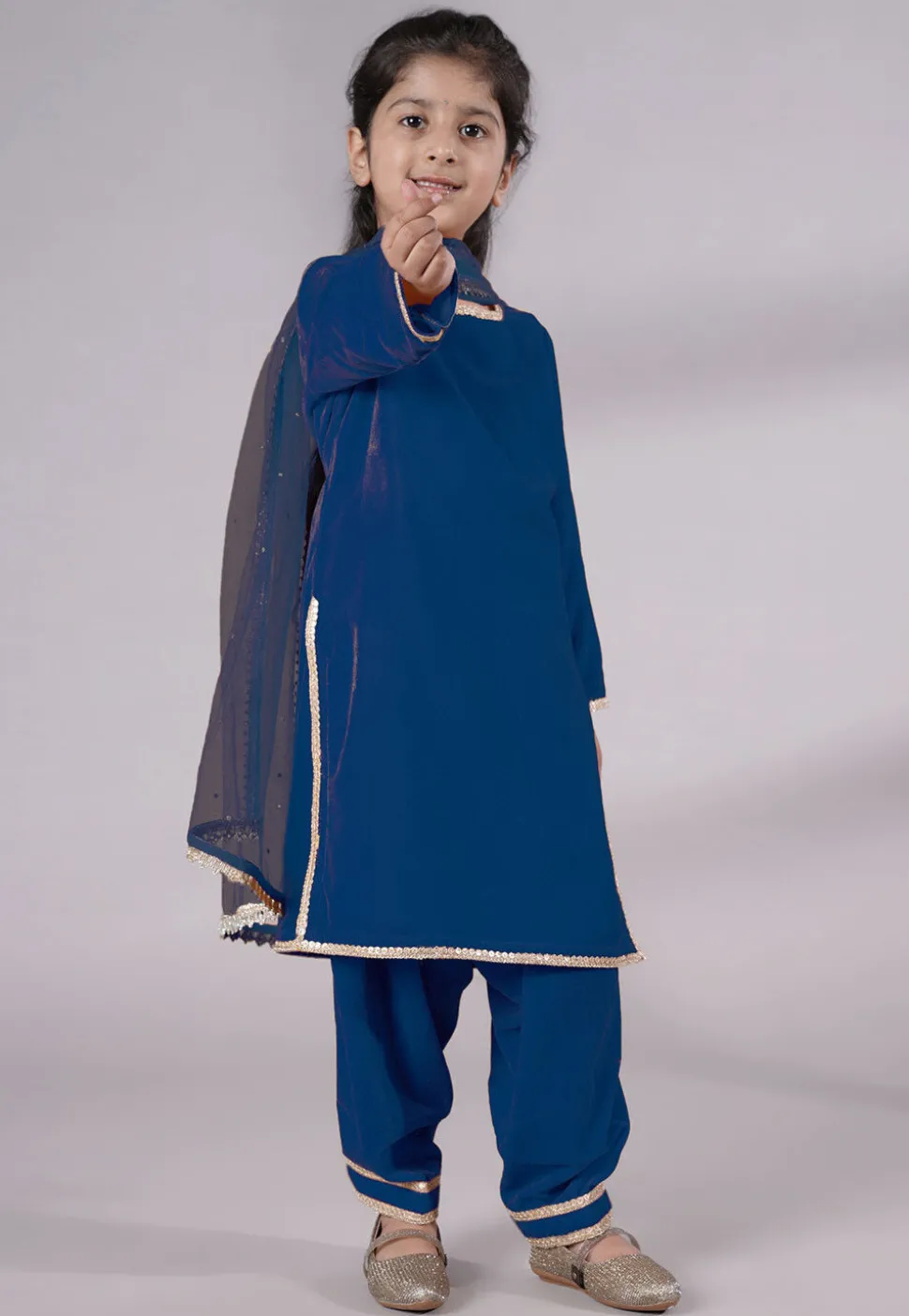 Lace Border Velvet Punjabi Suit in Teal Blue