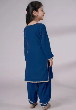 Lace Border Velvet Punjabi Suit in Teal Blue