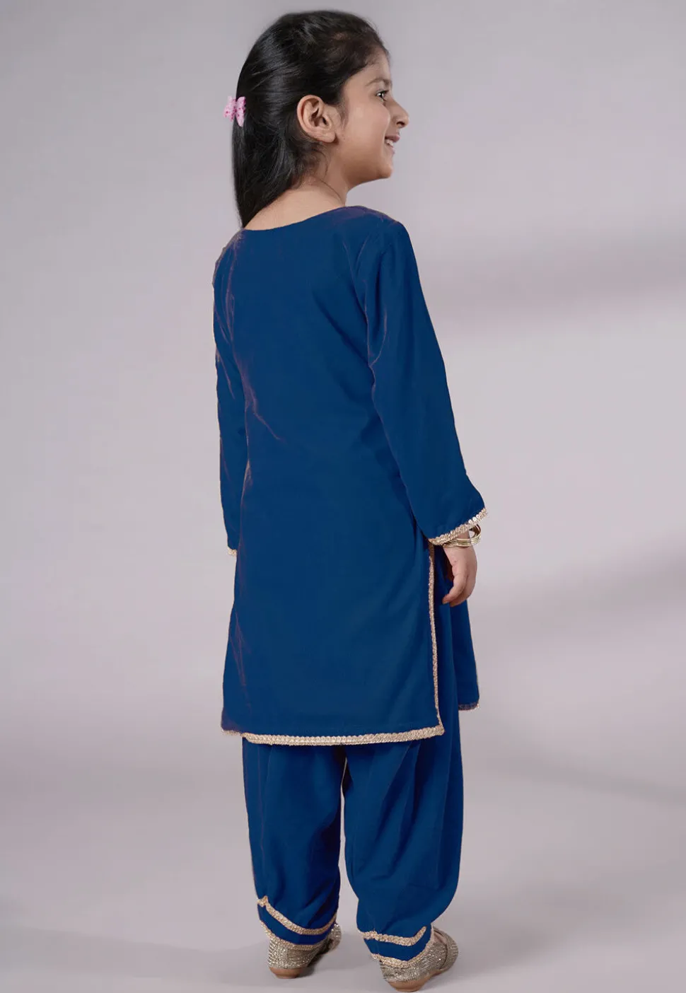 Lace Border Velvet Punjabi Suit in Teal Blue