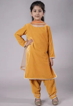 Lace Border Velvet Punjabi Suit in Mustard