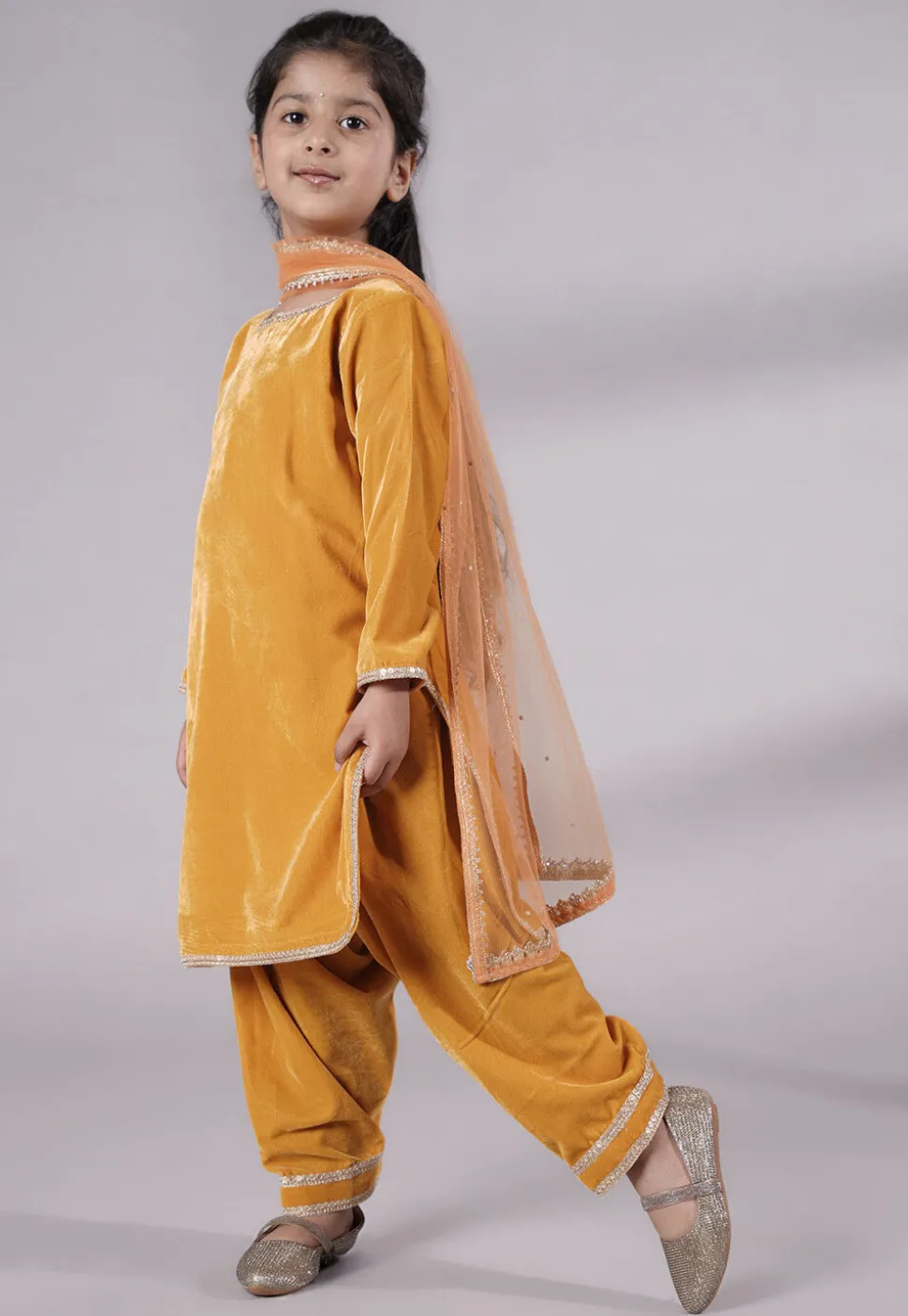 Lace Border Velvet Punjabi Suit in Mustard