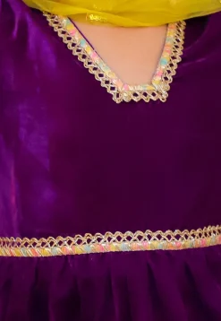 Lace Border Velvet Punjabi Suit in Dark Purple