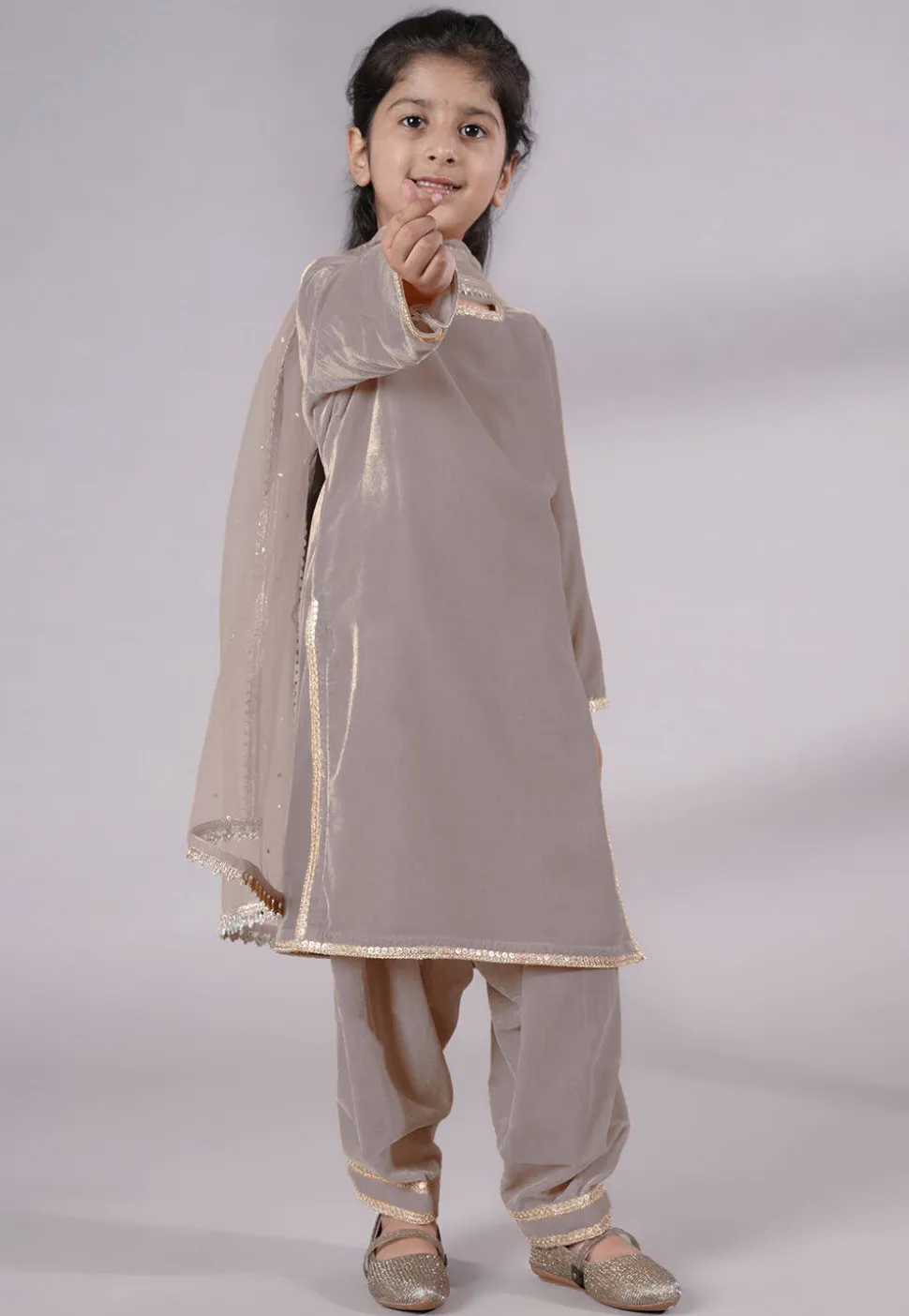 Lace Border Velvet Punjabi Suit in Grey