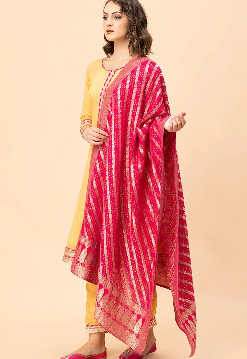 Lace Border Viscose Rayon Anarkali Suit in Yellow