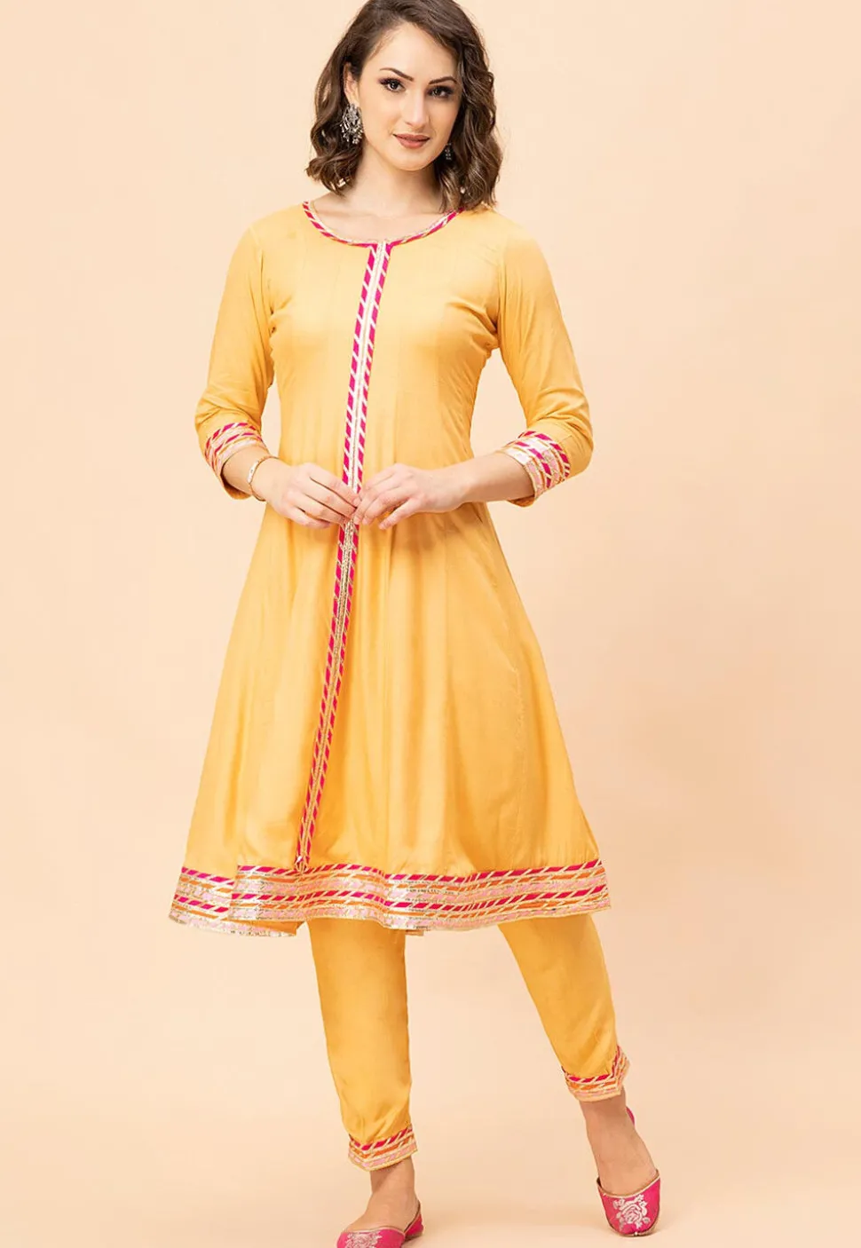 Lace Border Viscose Rayon Anarkali Suit in Yellow