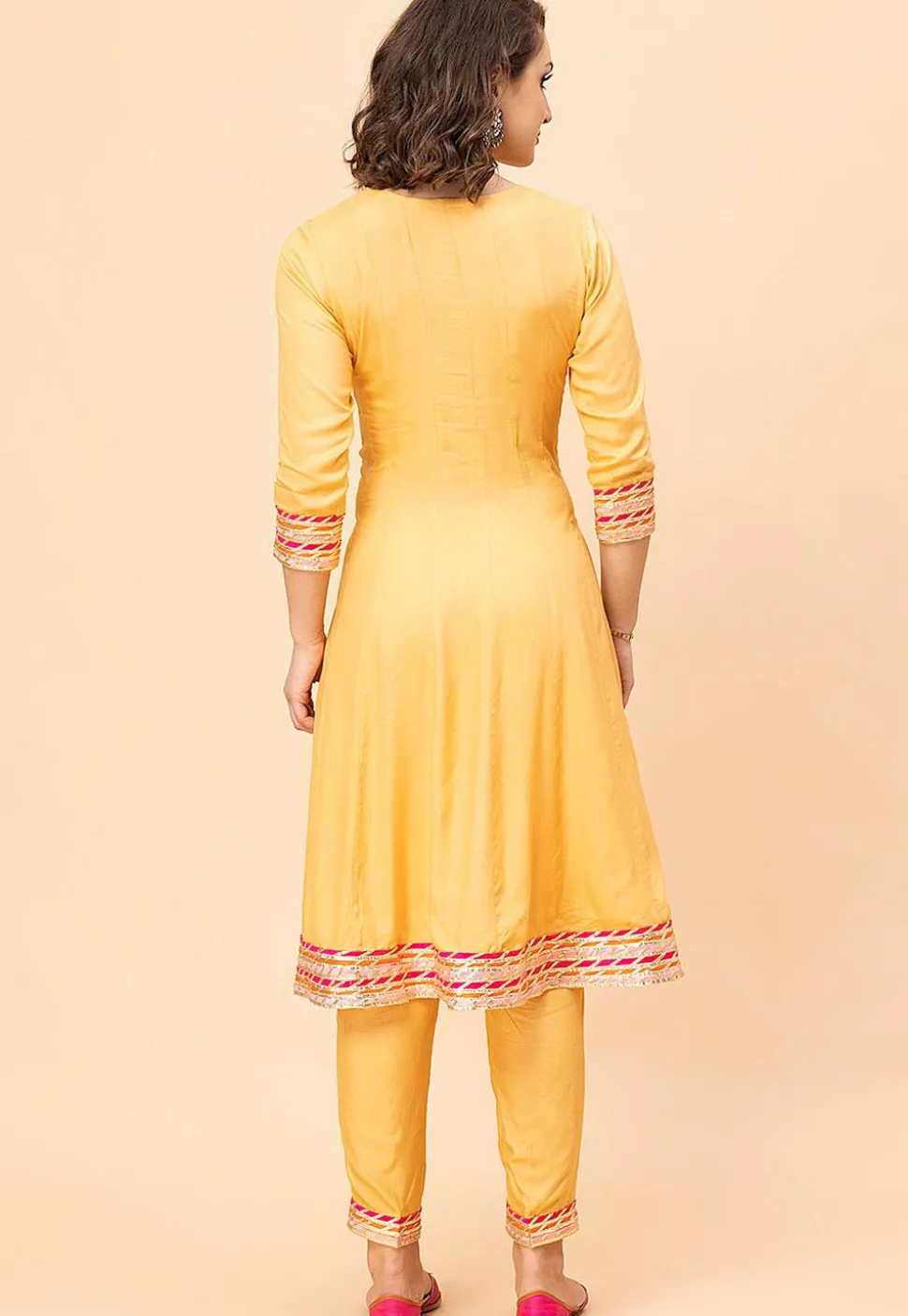Lace Border Viscose Rayon Anarkali Suit in Yellow