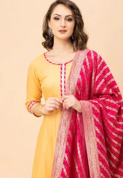 Lace Border Viscose Rayon Anarkali Suit in Yellow