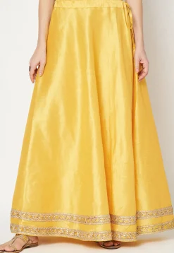 Lace Embellished Art Dupion Silk Skirt in Yellow