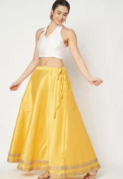 Lace Embellished Art Dupion Silk Skirt in Yellow