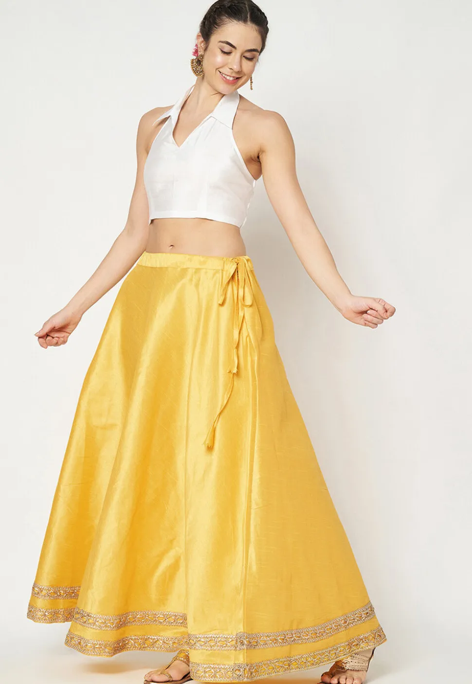 Lace Embellished Art Dupion Silk Skirt in Yellow