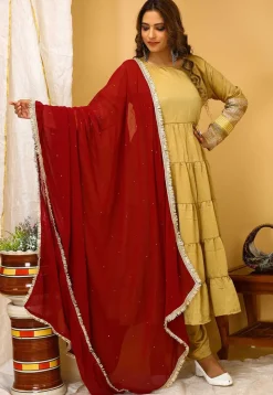 Lace Embellished Art Silk Aline Suit in Beige