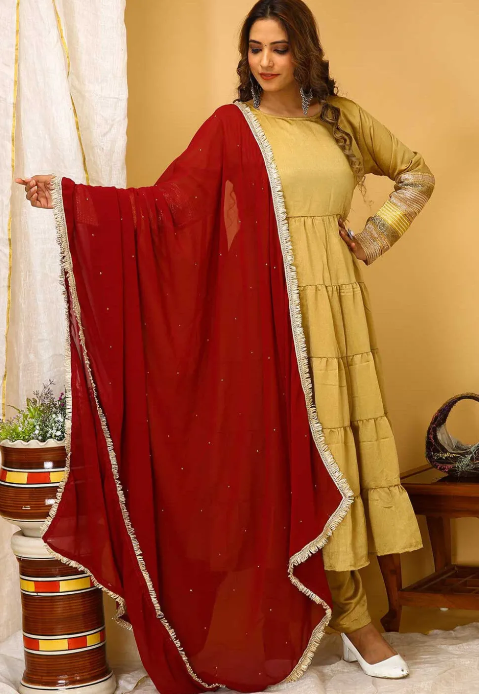 Lace Embellished Art Silk Aline Suit in Beige
