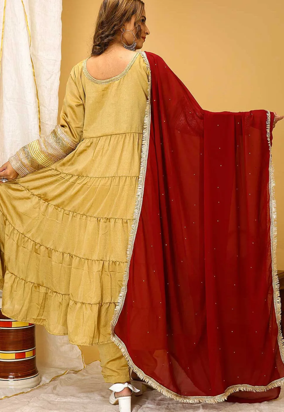 Lace Embellished Art Silk Aline Suit in Beige