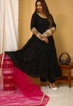 Lace Embellished Art Silk Aline Suit in Black