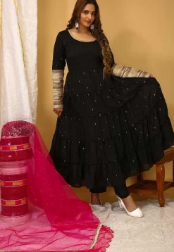Lace Embellished Art Silk Aline Suit in Black