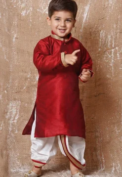 Lace Embellished Dupion Silk Kurta in Maroon