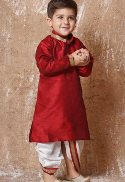 Lace Embellished Dupion Silk Kurta in Maroon