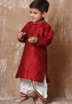 Lace Embellished Dupion Silk Kurta in Maroon