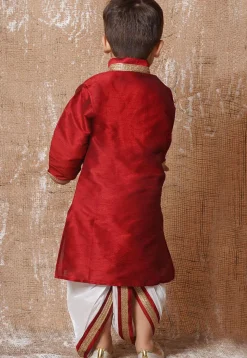 Lace Embellished Dupion Silk Kurta in Maroon
