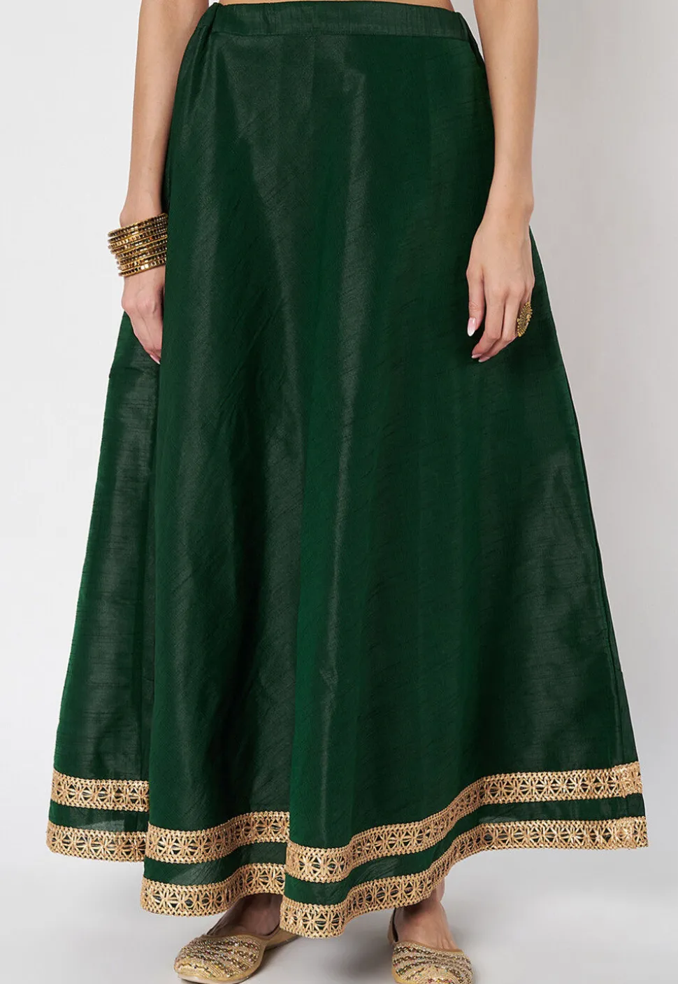 Lace Embellished Dupion Silk Skirt in Dark Green
