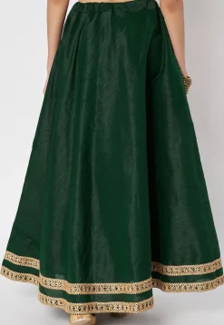 Lace Embellished Dupion Silk Skirt in Dark Green