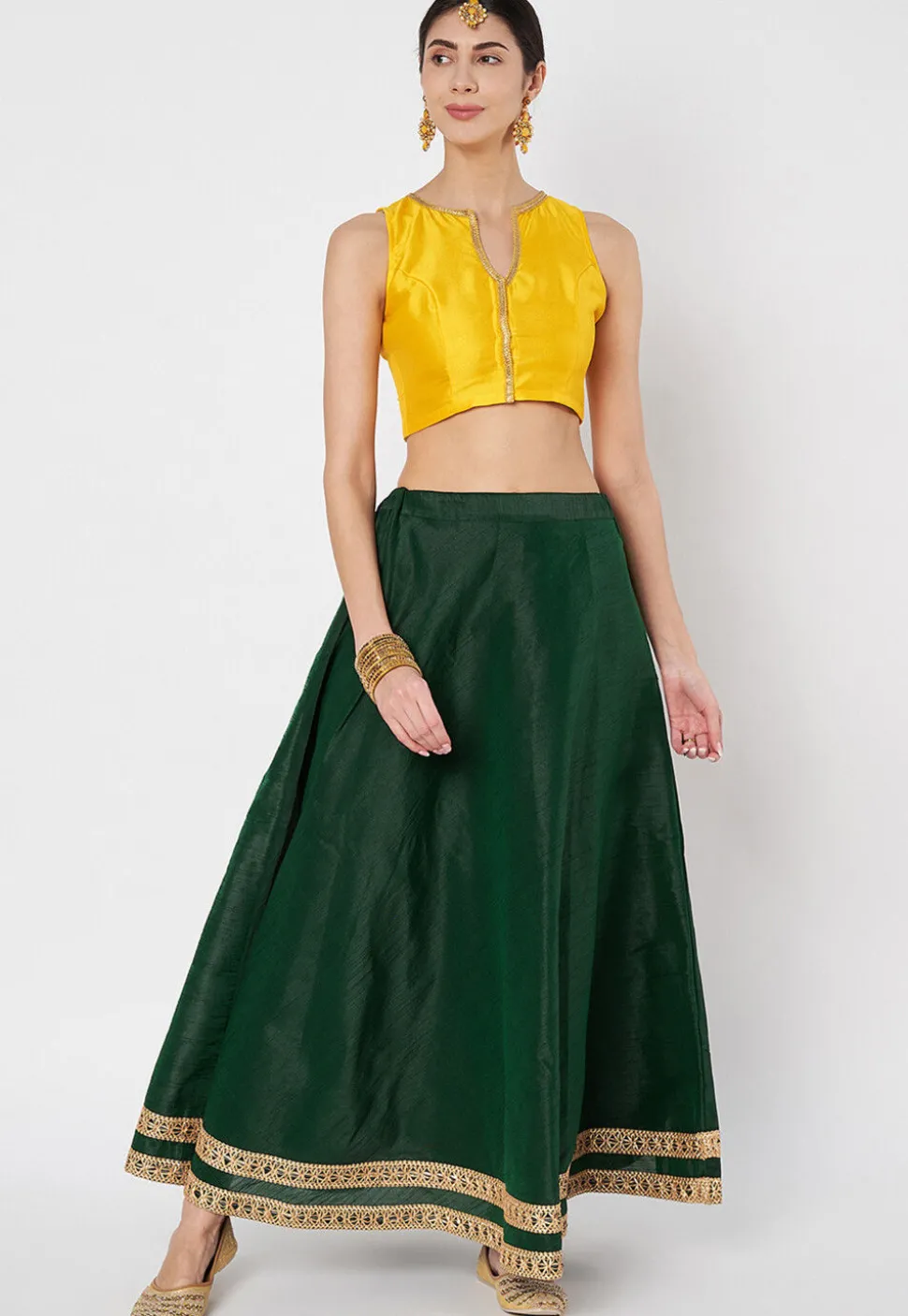 Lace Embellished Dupion Silk Skirt in Dark Green