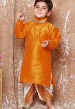 Lace Embellished Dupion Silk Kurta Dhoti Set in Yellow