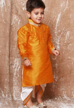 Lace Embellished Dupion Silk Kurta Dhoti Set in Yellow