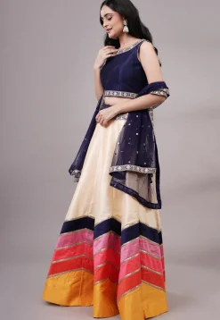 Lace Embellished Dupion Silk Lehenga in Multicolor