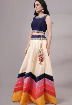 Lace Embellished Dupion Silk Lehenga in Multicolor