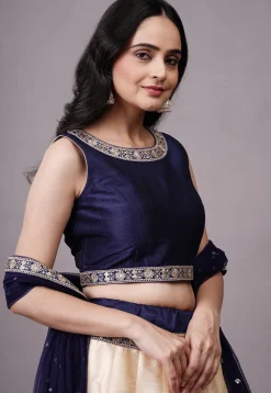 Lace Embellished Dupion Silk Lehenga in Multicolor