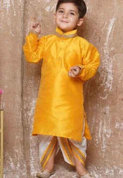 Lace Embellished Dupion Silk Kurta in Yellow