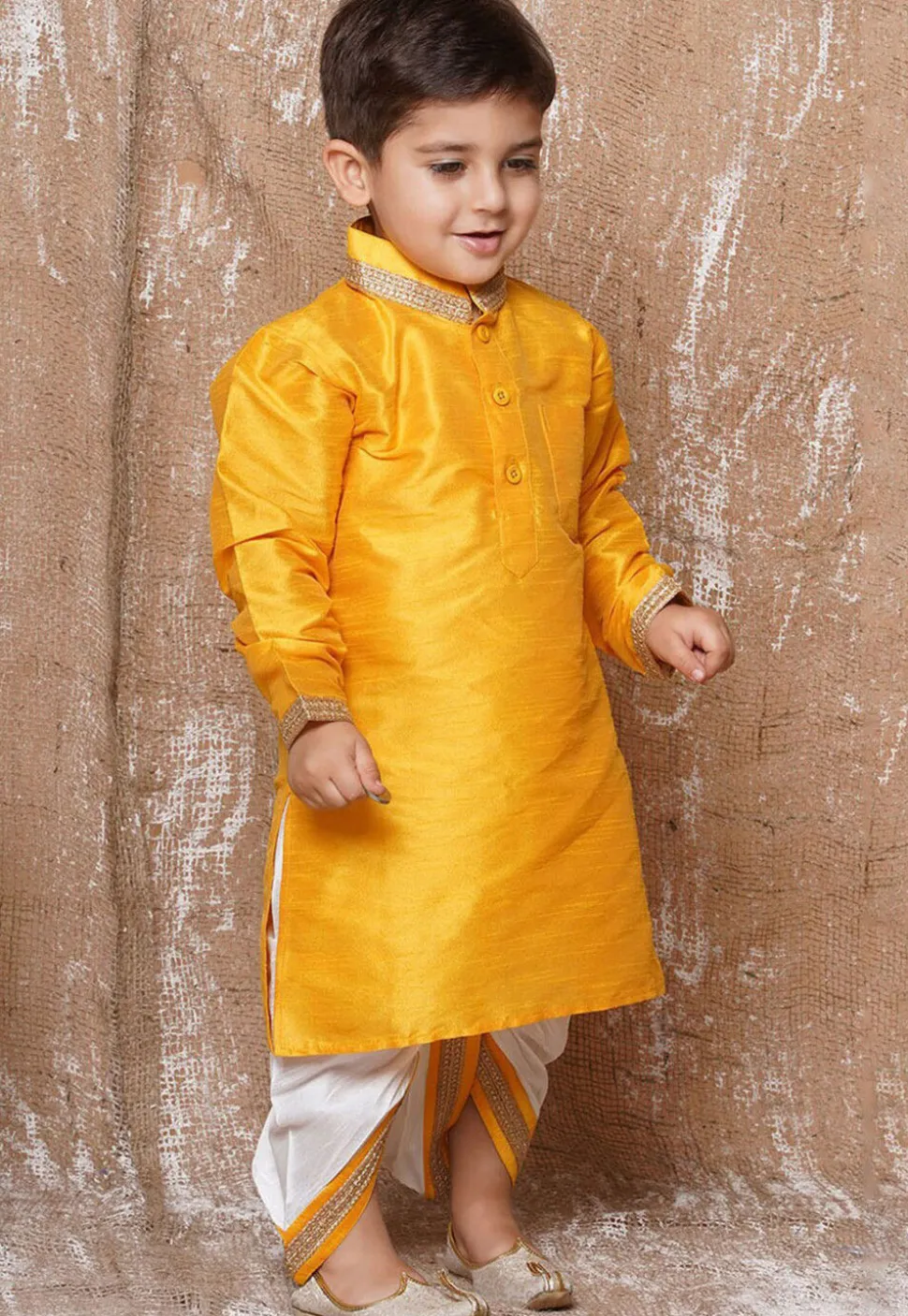 Lace Embellished Dupion Silk Kurta in Yellow
