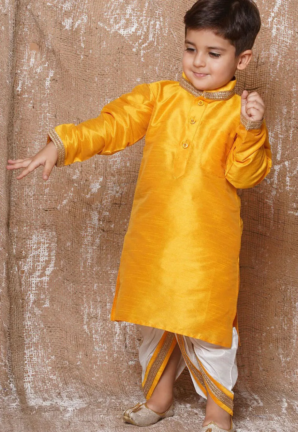 Lace Embellished Dupion Silk Kurta in Yellow