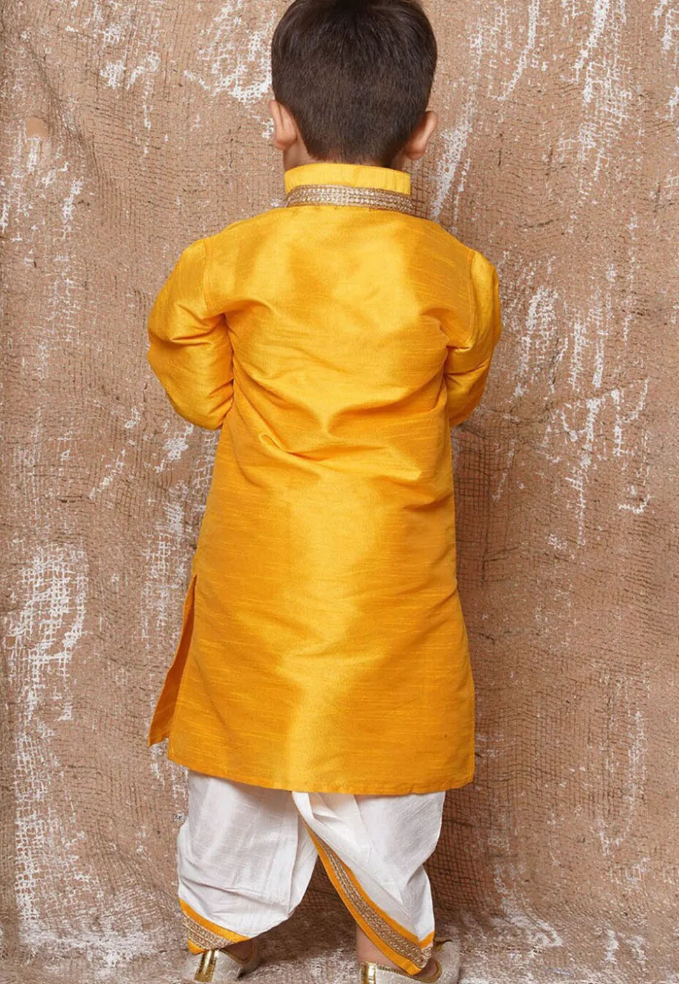 Lace Embellished Dupion Silk Kurta in Yellow