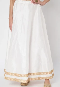 Lace Embellished Dupion Silk Skirt in White