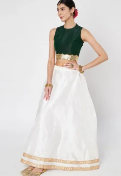 Lace Embellished Dupion Silk Skirt in White