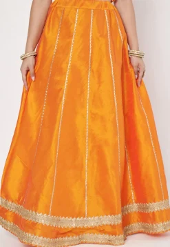 Lace Embellished Dupion Silk Skirt in Light Orange