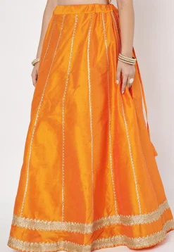 Lace Embellished Dupion Silk Skirt in Light Orange
