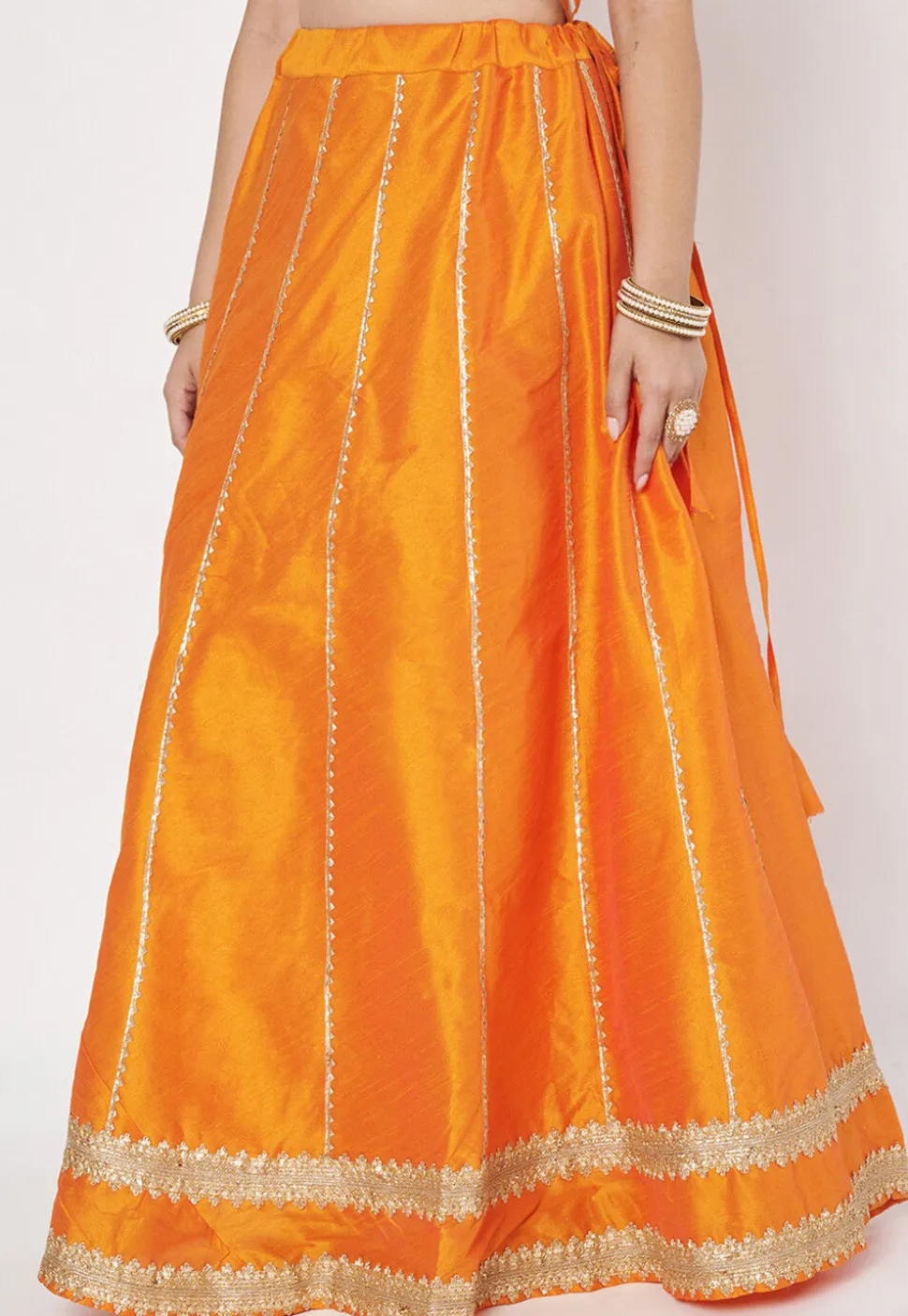 Lace Embellished Dupion Silk Skirt in Light Orange