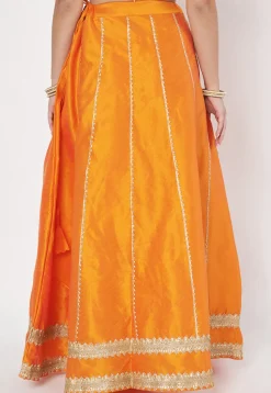 Lace Embellished Dupion Silk Skirt in Light Orange
