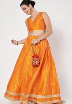 Lace Embellished Dupion Silk Skirt in Light Orange