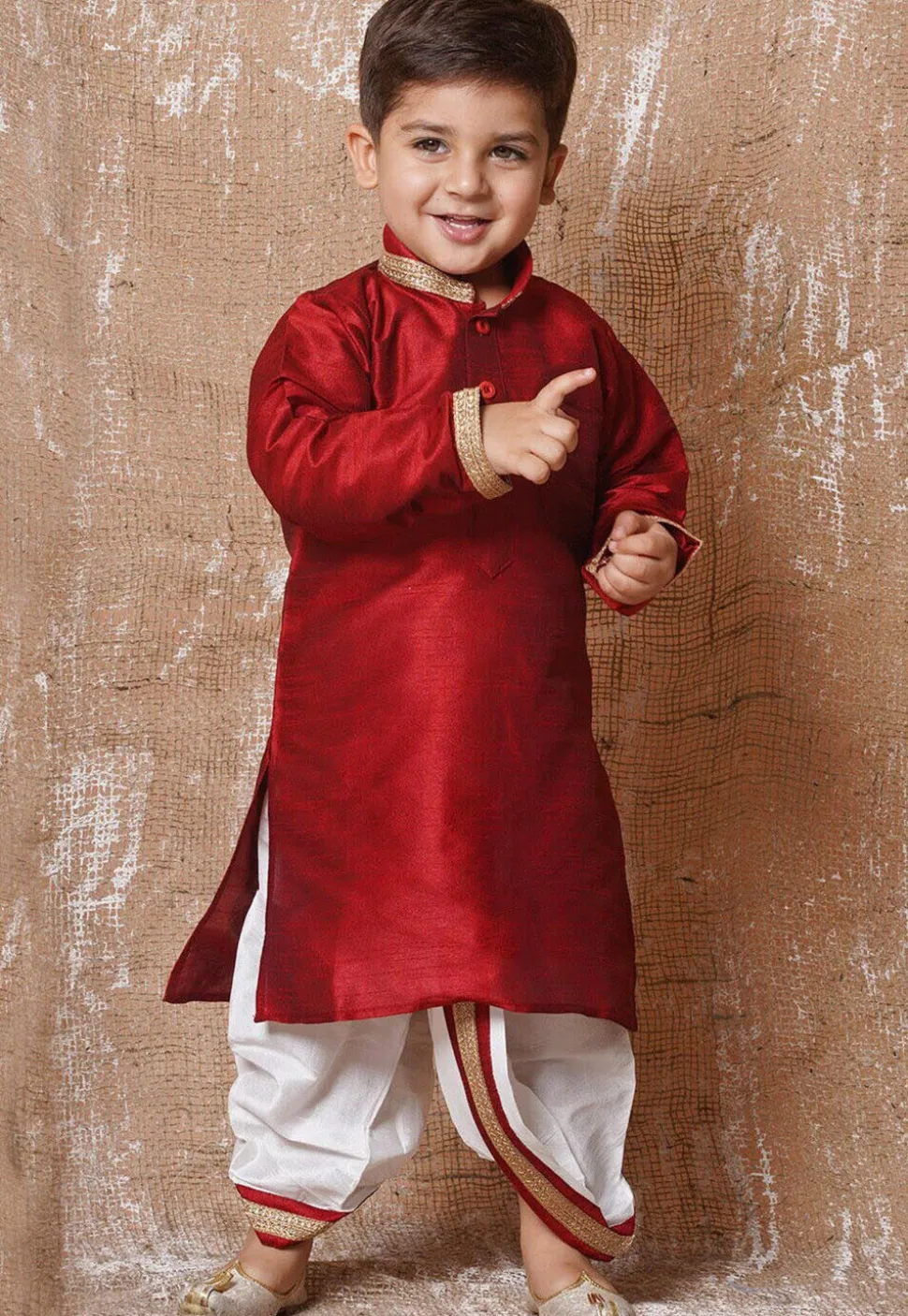 Lace Embellished Dupion Silk Kurta Dhoti Set in Maroon