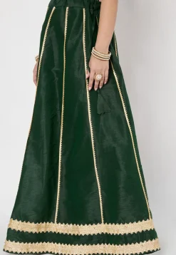 Lace Embellished Dupion Silk Skirt in Dark Green