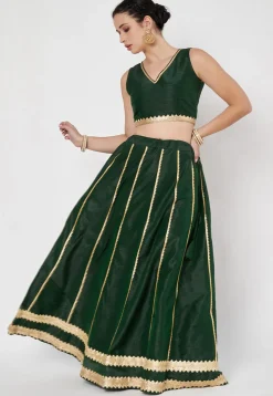 Lace Embellished Dupion Silk Skirt in Dark Green