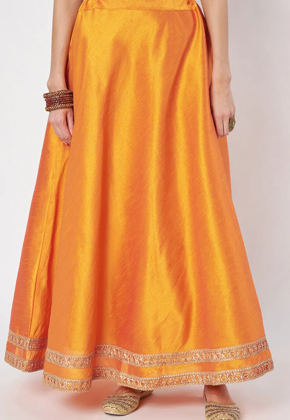 Lace Embellished Dupion Silk Skirt in Orange