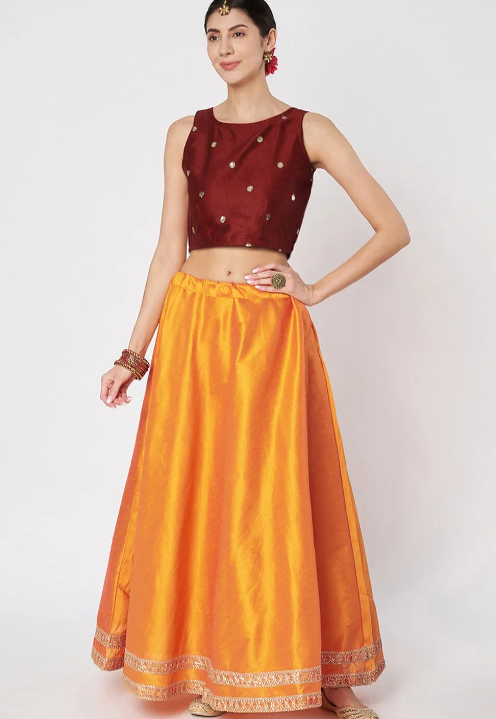 Lace Embellished Dupion Silk Skirt in Orange